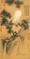 Lang pájaro blanco brillante sobre pino tinta china antigua Giuseppe Castiglione